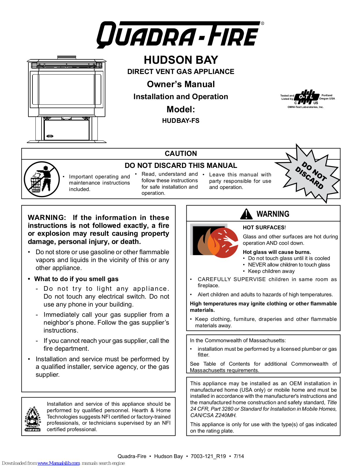 Quadra-Fire HUDSON BAY HUDBAY-FS Owner's Manual