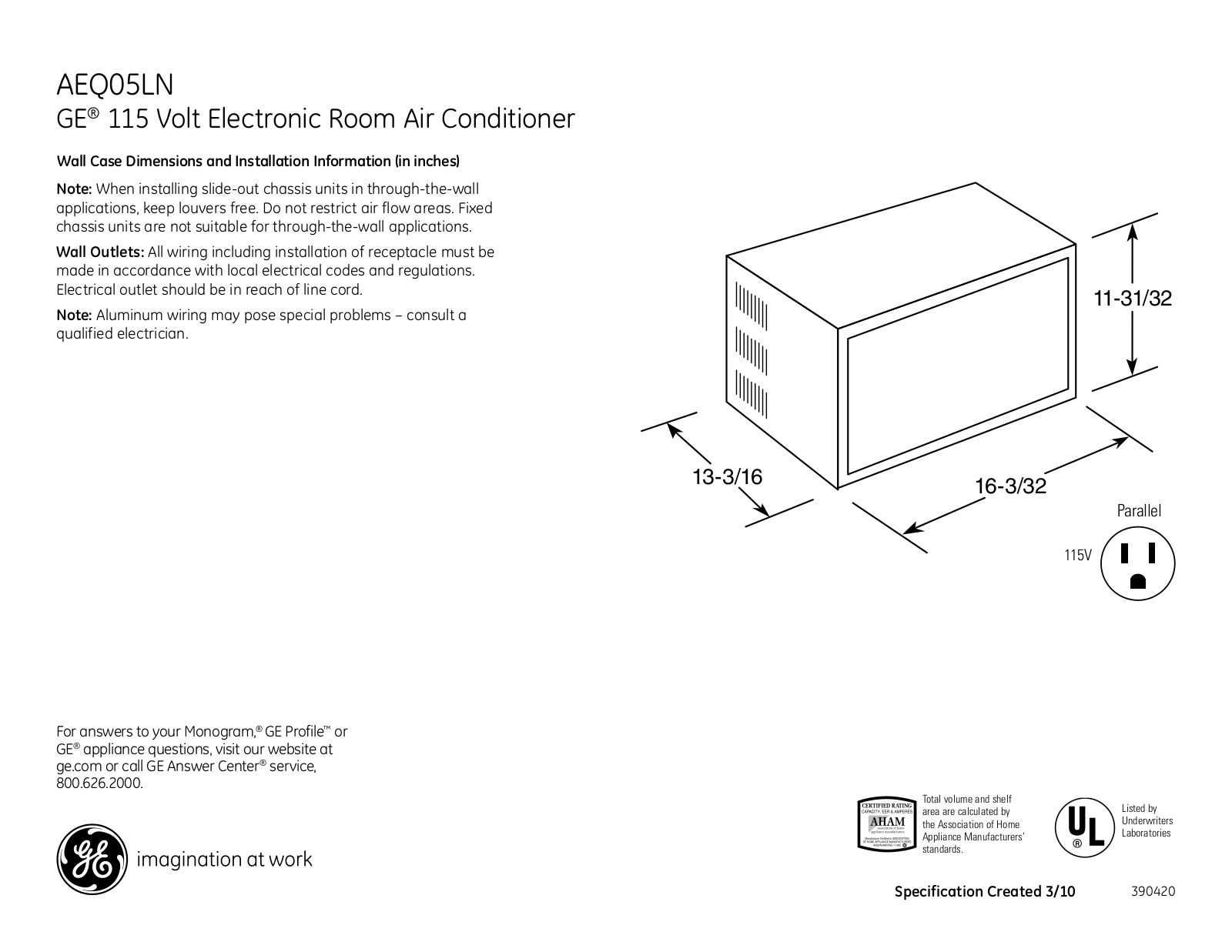 GE AEQ05LN Specification