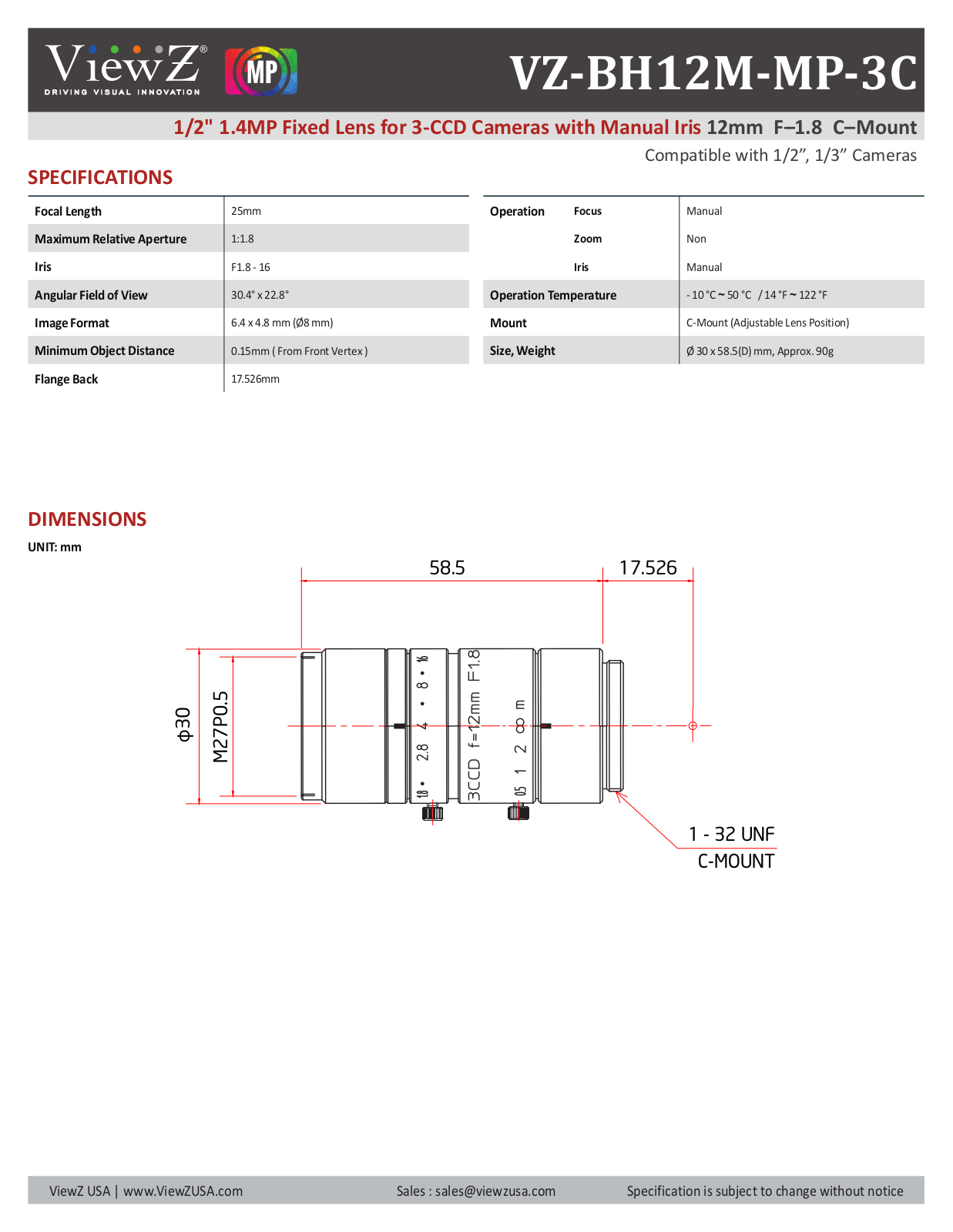 ViewZ VZ-BH12M-MP-3C Specsheet