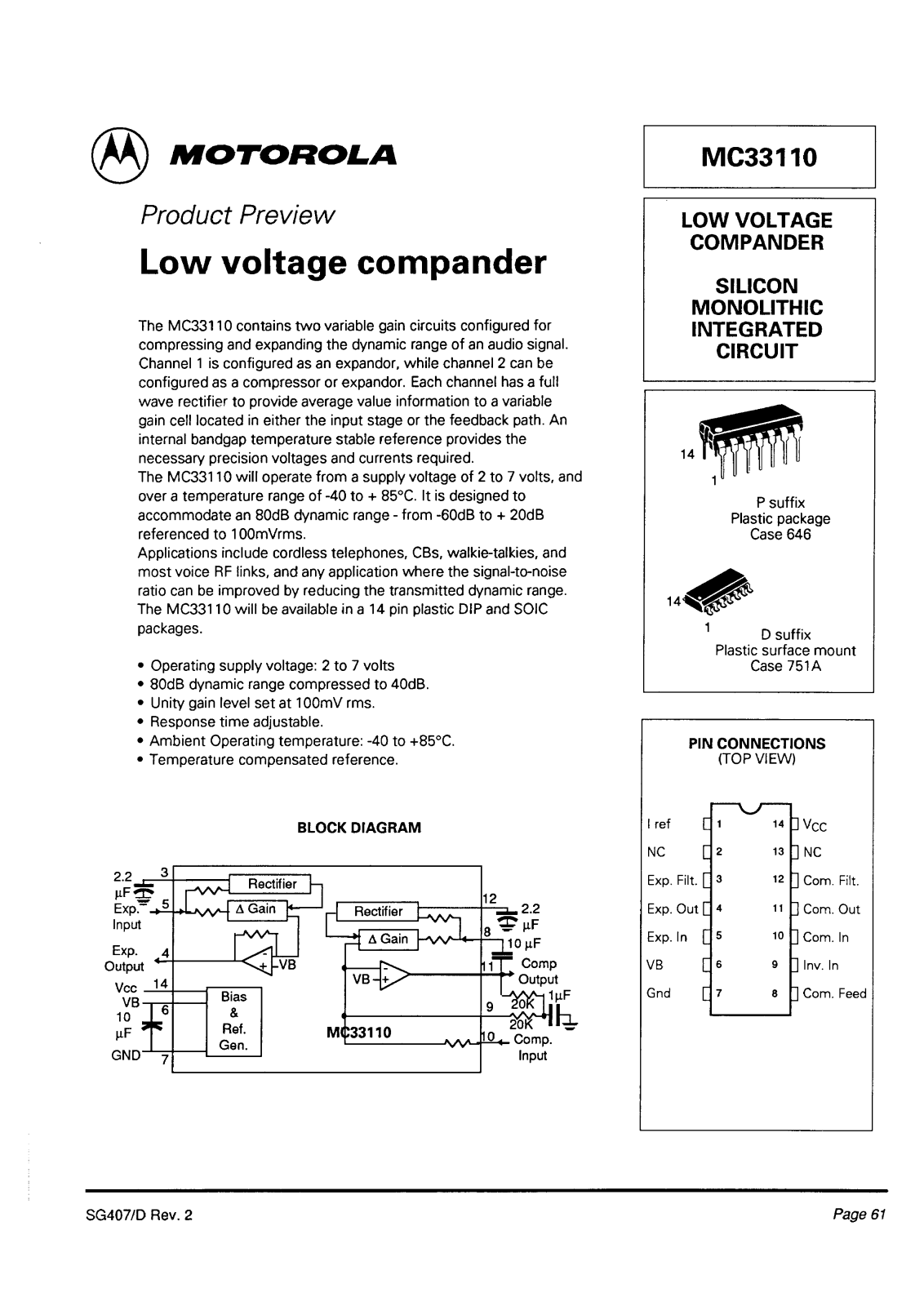 Motorola MC33110P, MC33110D Datasheet