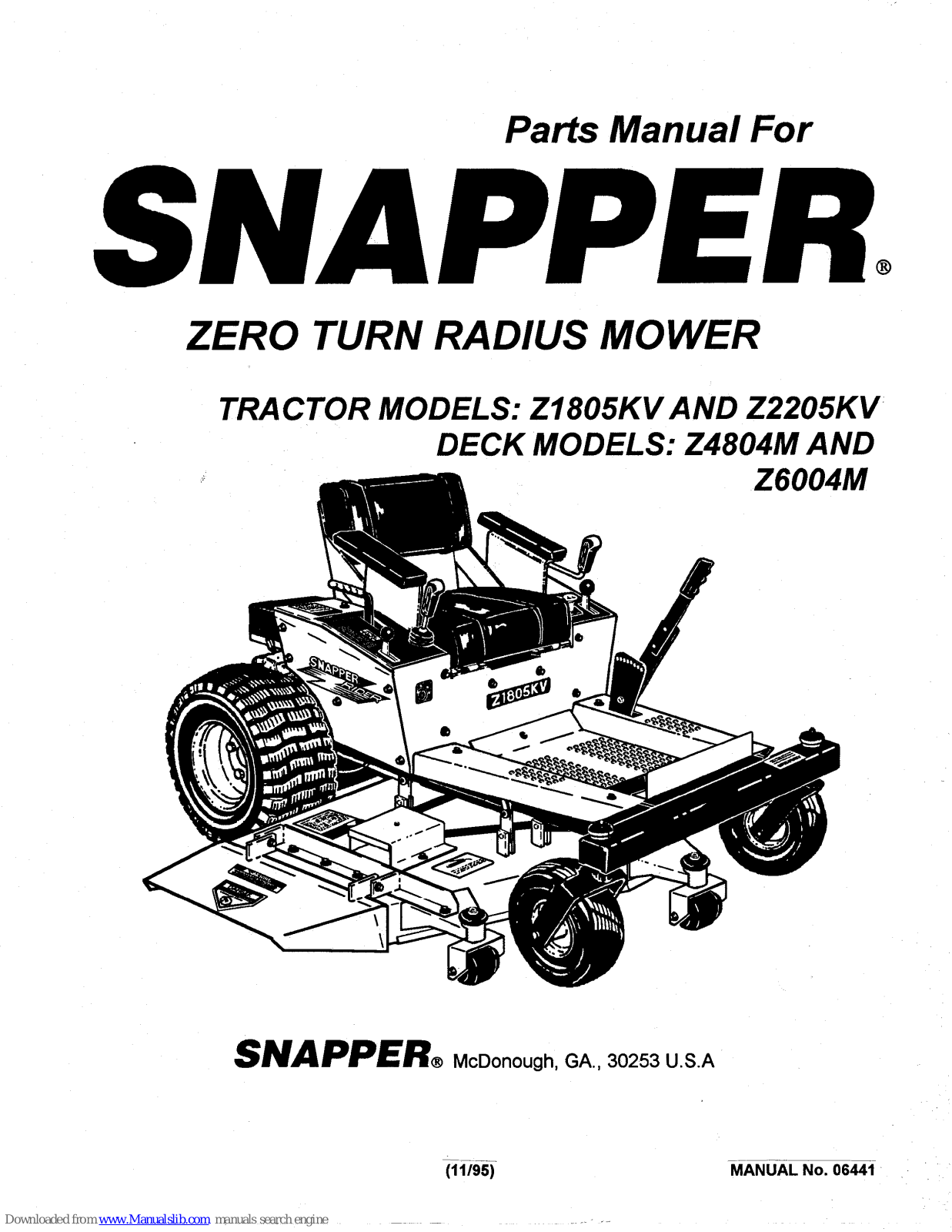 Snapper Z1805KV,Z2205KV,Z4804M,Z6004M Parts Manual