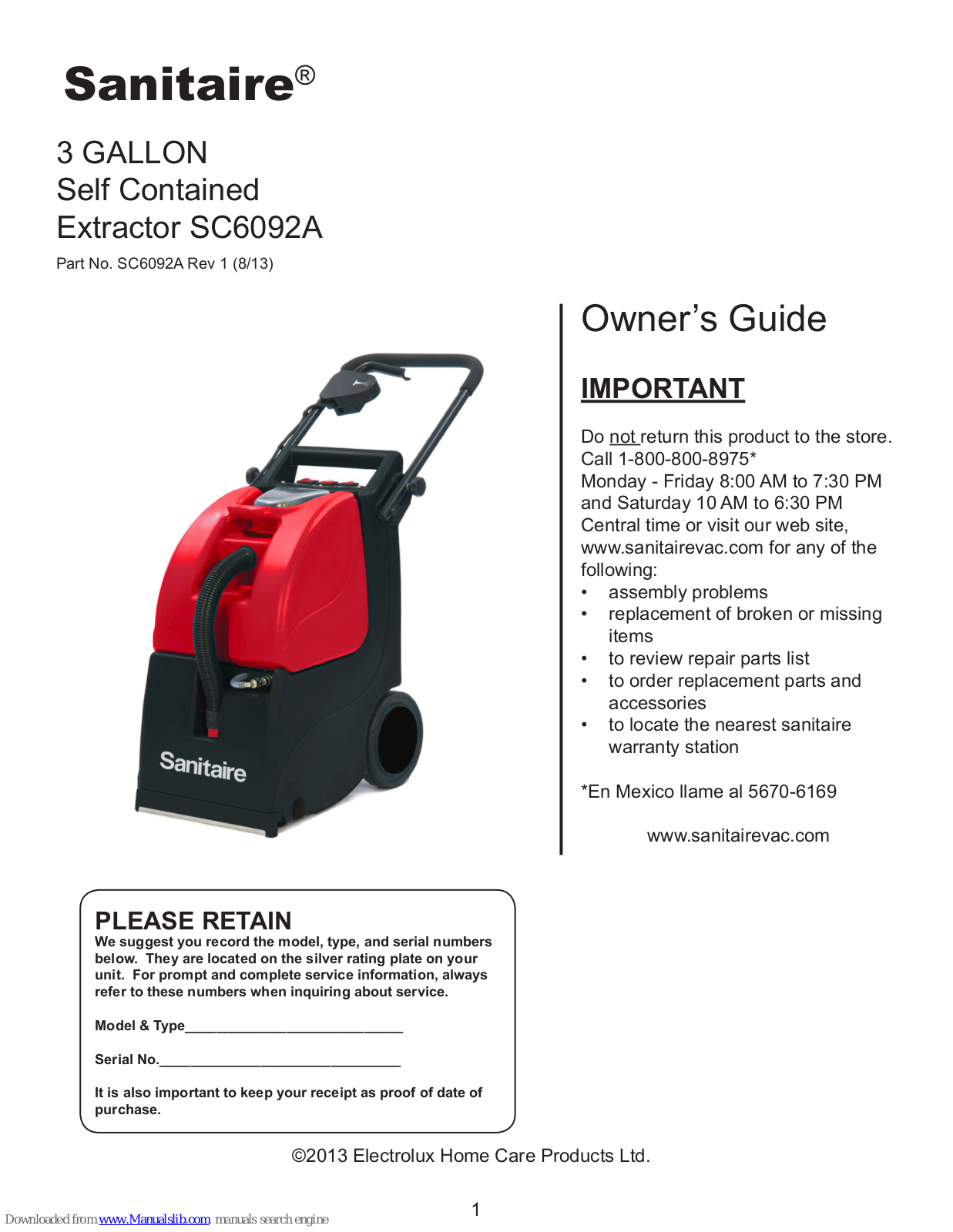 Sanitaire SC6092A Owner's Manual