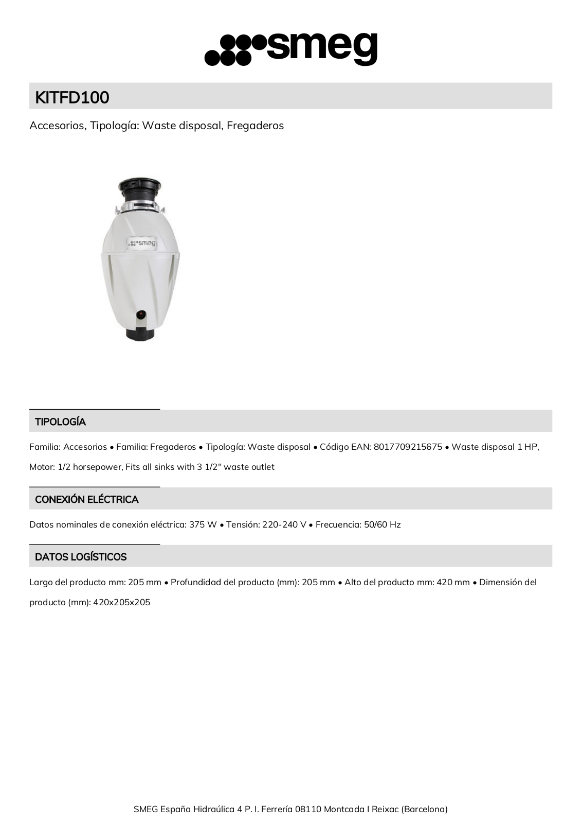 Smeg KITFD100 Product Information Sheet