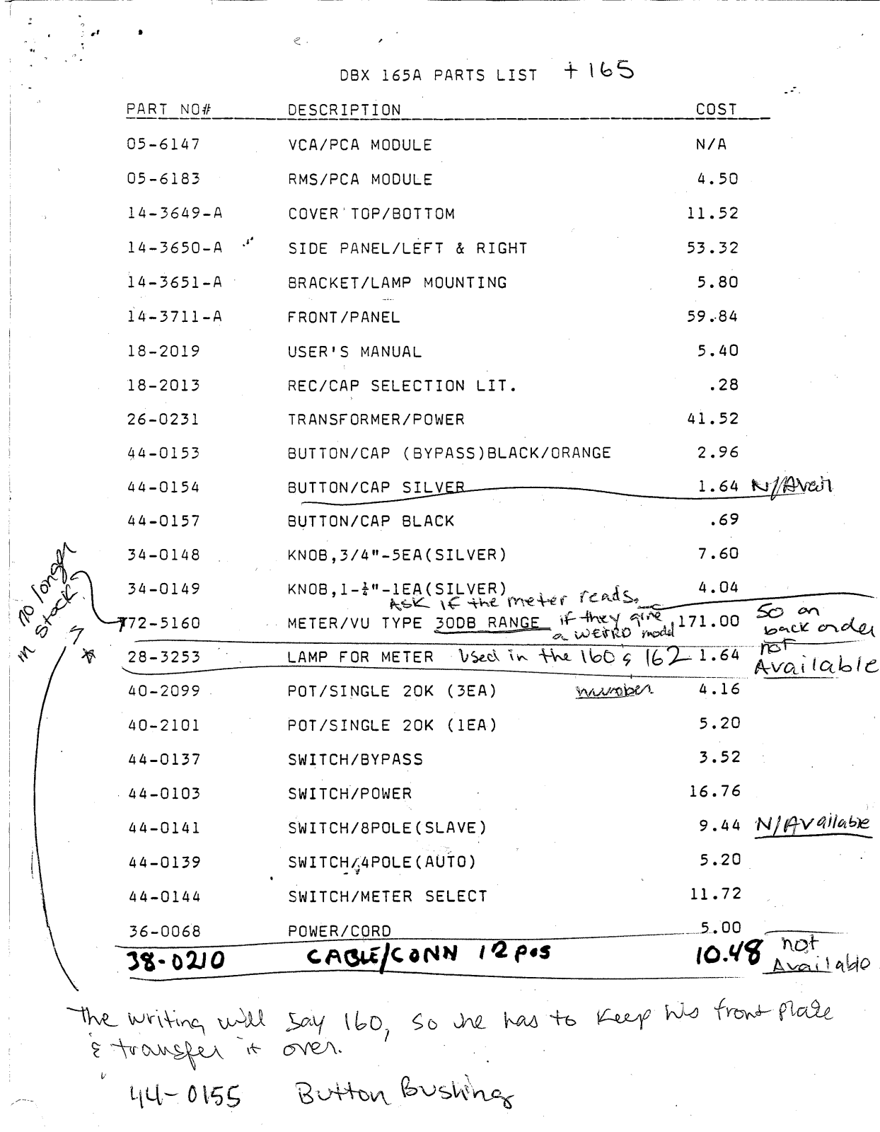 DBX 165, 165A Parts List