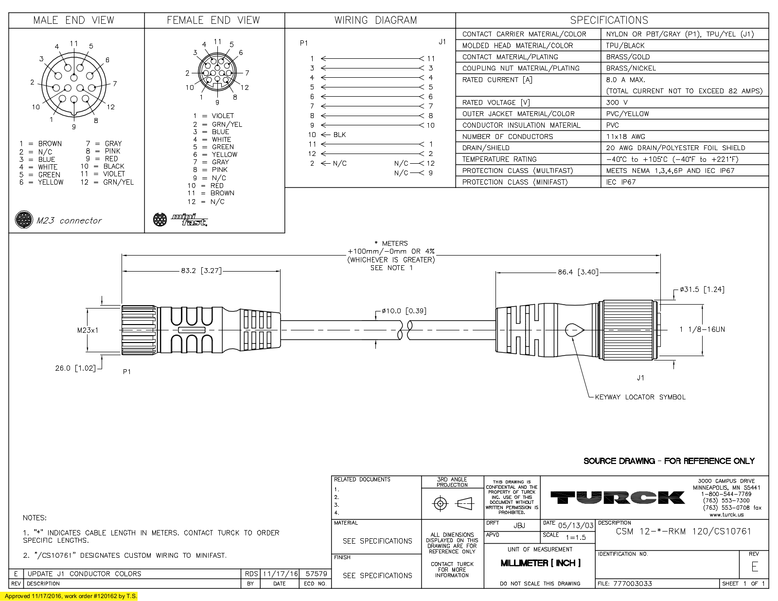 Turck CSM12-3-RKM120/CS10761 Specification Sheet