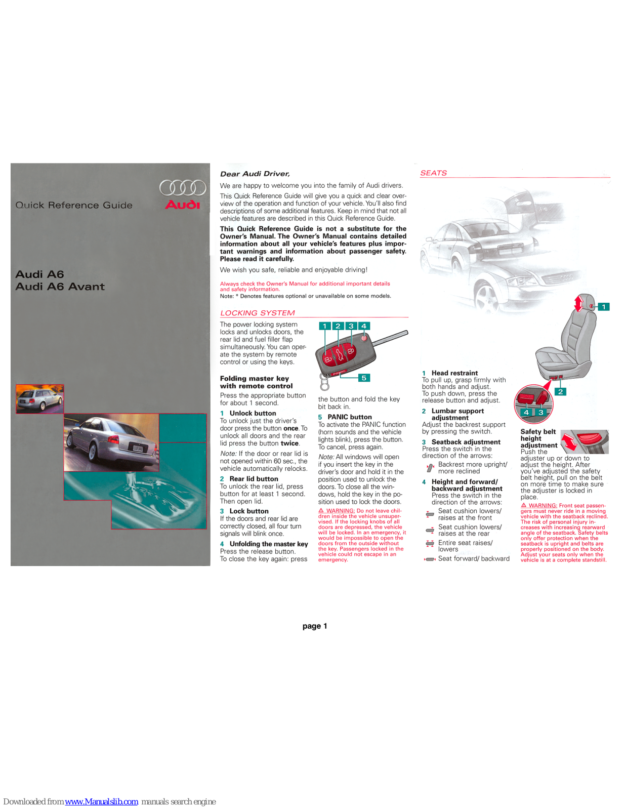 Audi A6 - QUICK REFERENCE GUIDE - 2001, A6, A6 AVANT Quick Reference Manual