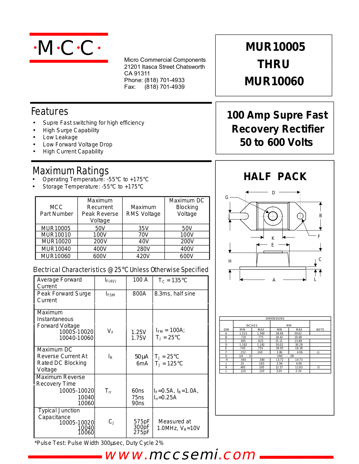 MCC MUR10020, MUR10040, MUR10060, MUR10010, MUR10005 Datasheet