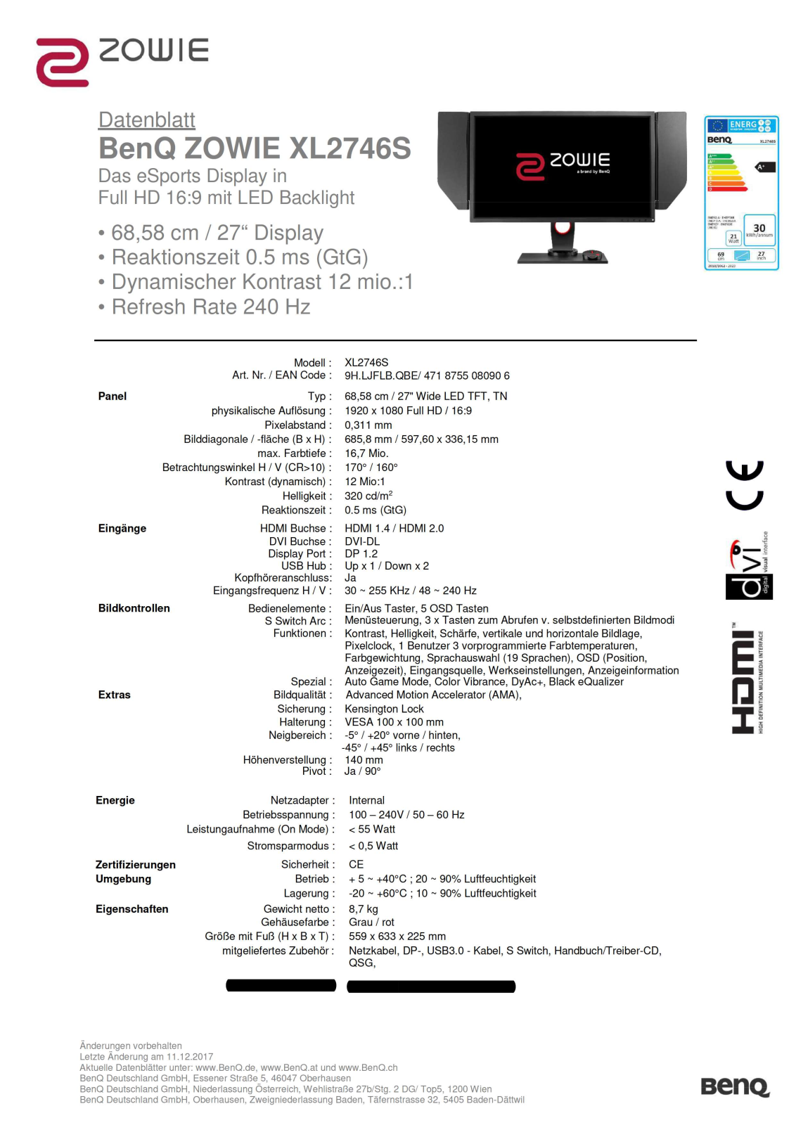 BenQ Zowie XL2746S User Manual