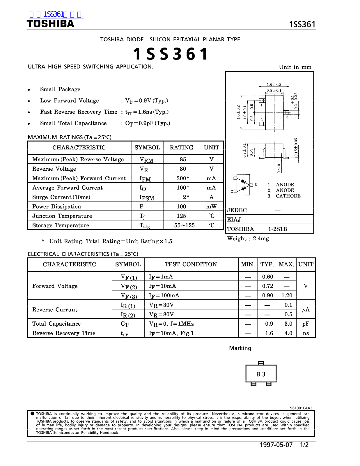 TOSHIBA 1SS361 Technical data