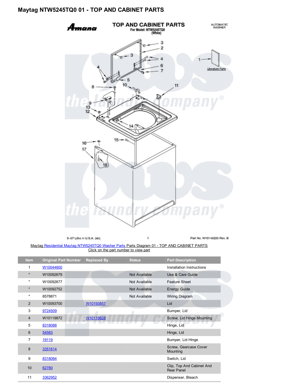 Maytag NTW5245TQ0 Parts Diagram