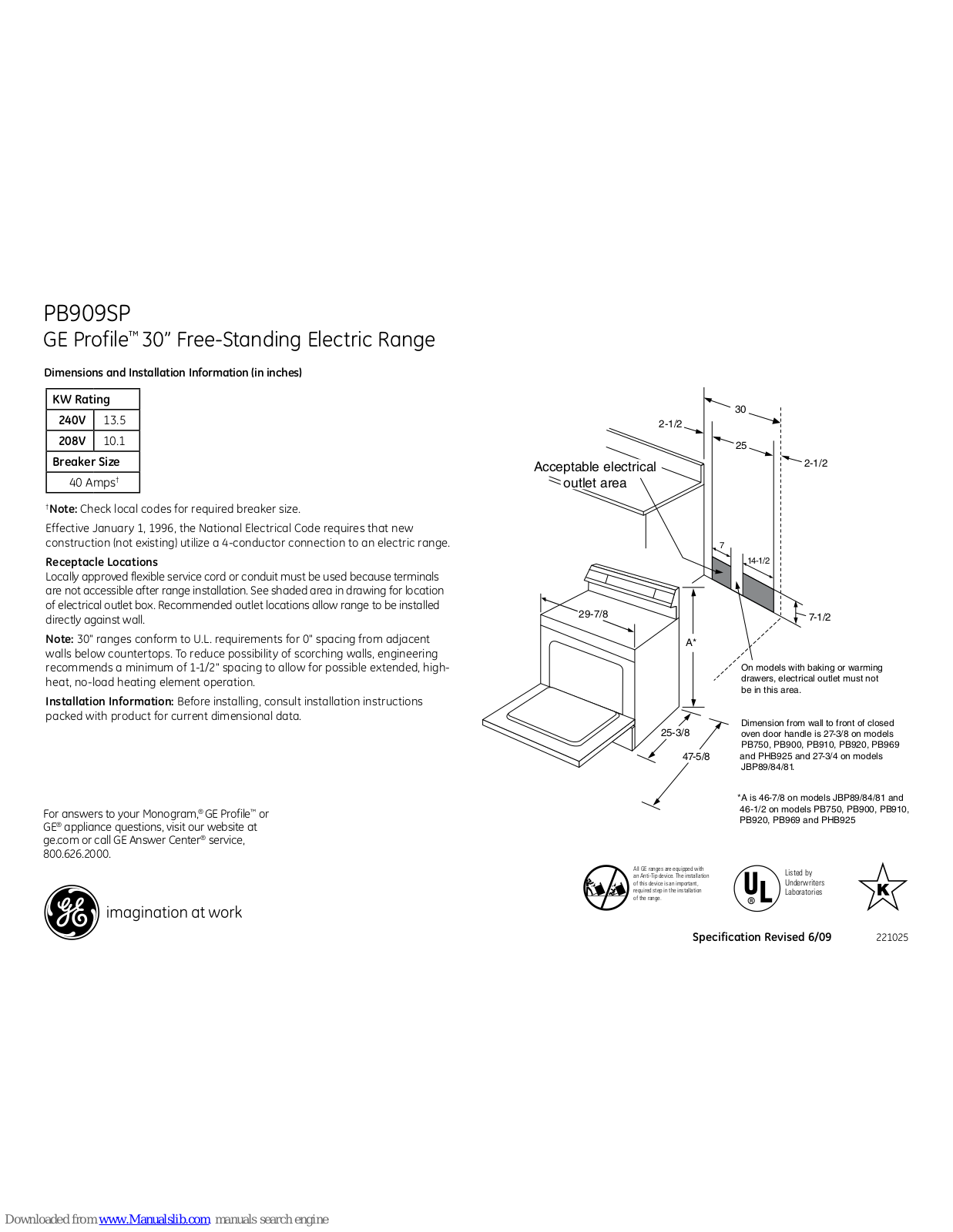 GE Profile PB909SPSS, Profile PB909SP Dimensions And Installation Information