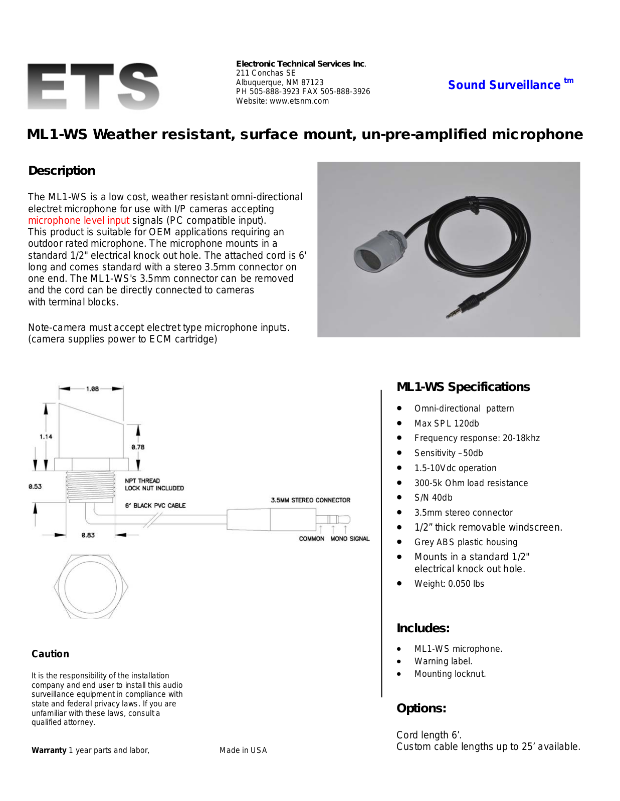 ETS ML1-WS Specsheet