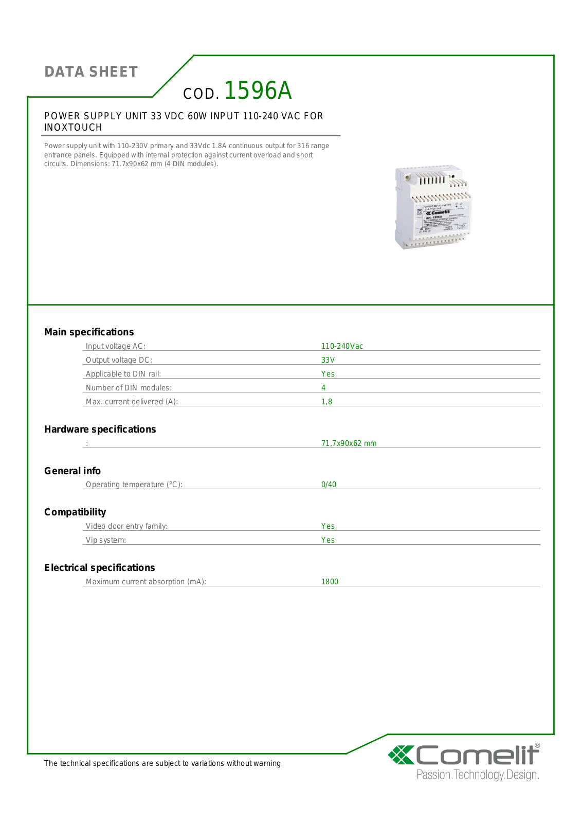 Comelit 1596A Specsheet