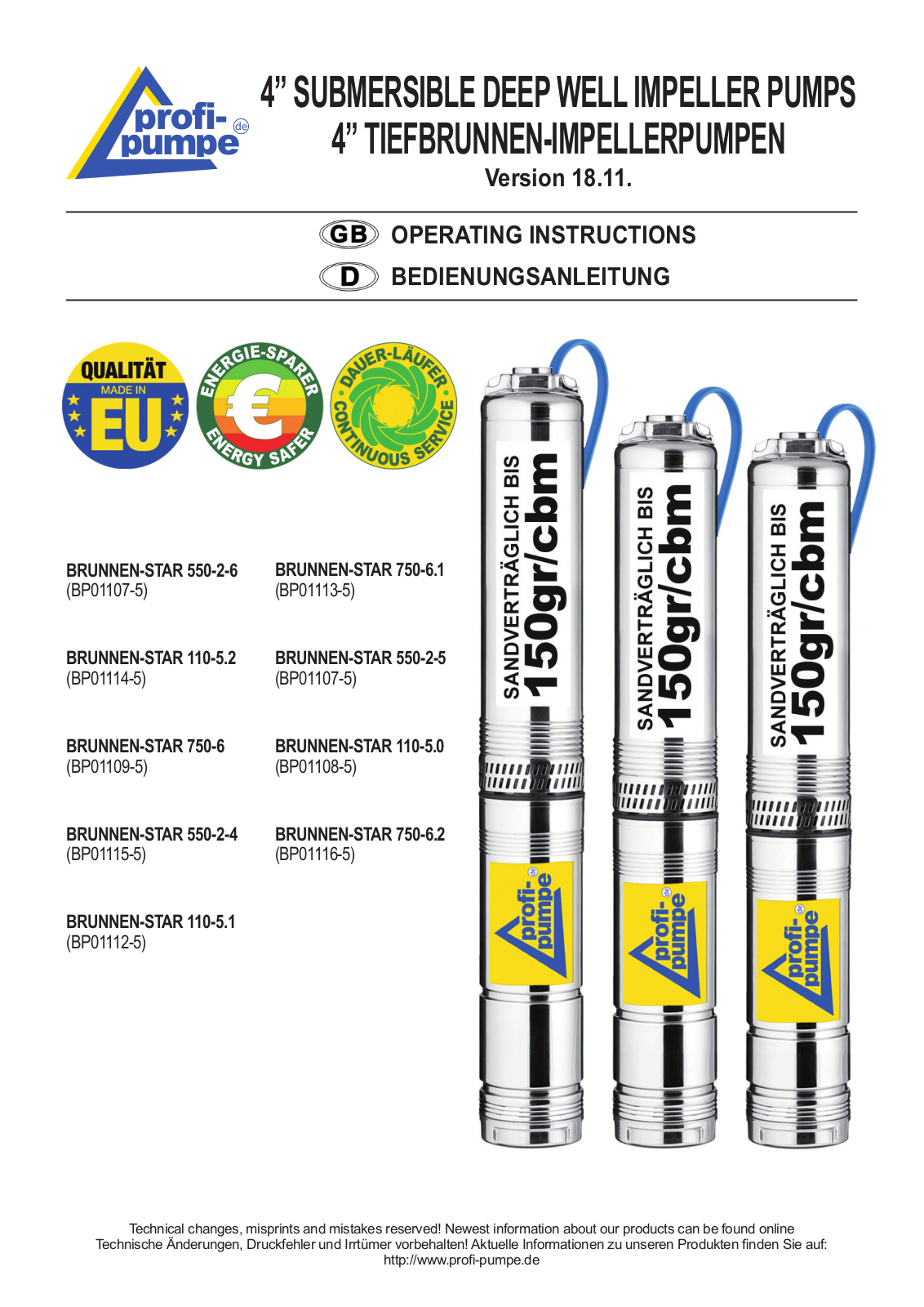 Profi-pumpe 110-5.2, 750-6.1, 550-2-4, 750-6, 110-5.1 Operating Instructions Manual