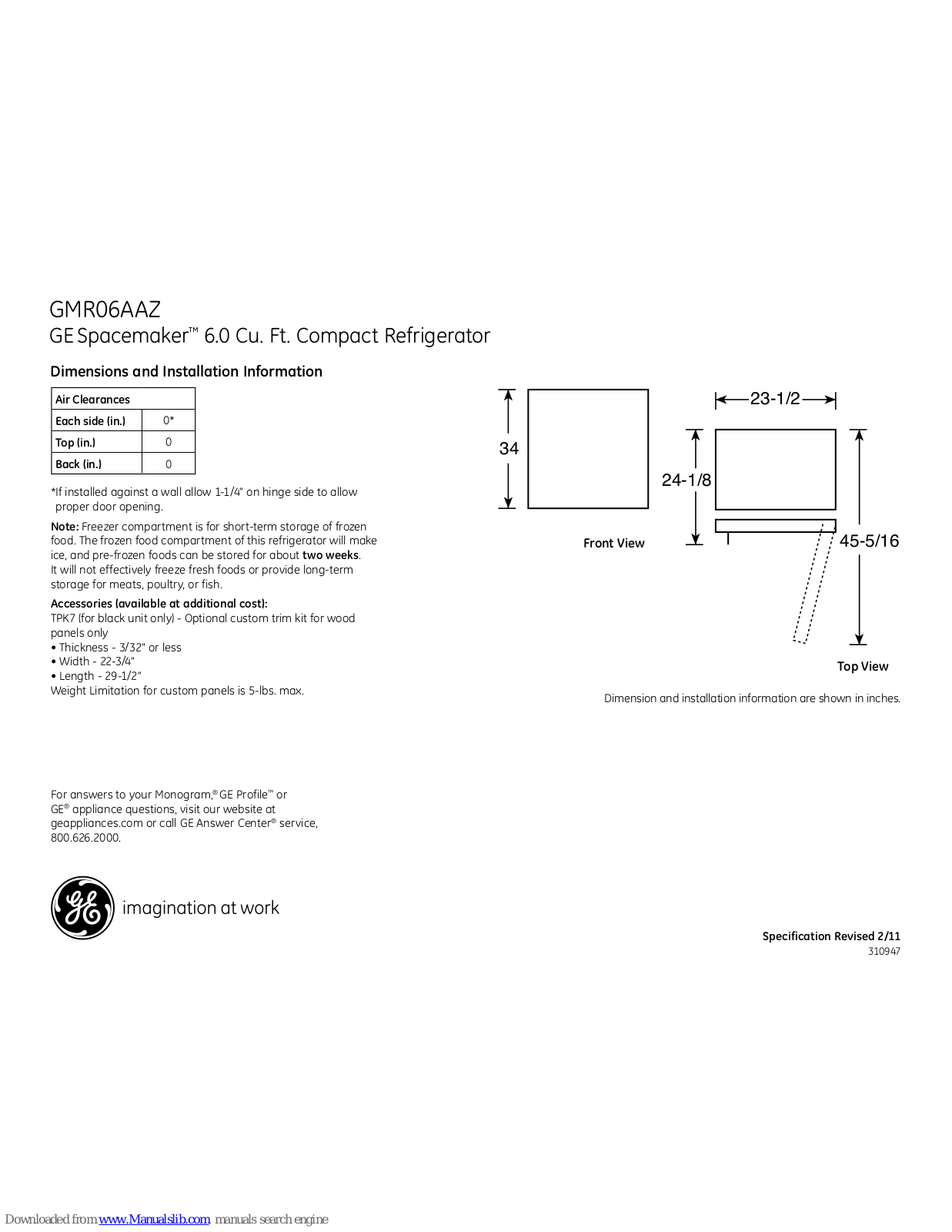 GE Spacemaker GMR06AAZ, Spacemaker GMR06AAZBB, Spacemaker GMR06AAZWW Dimensions And Installation Information