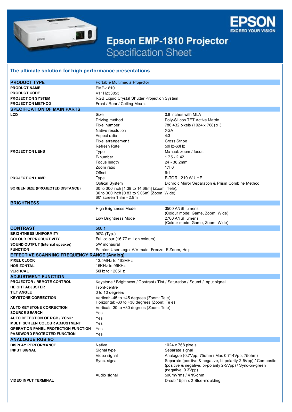 Epson 1810 Product Sheet