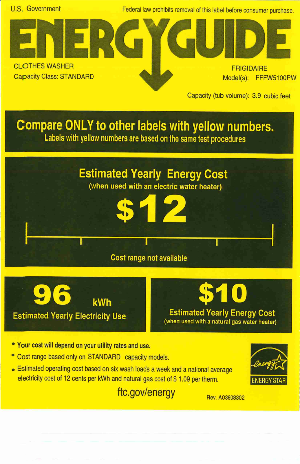 Frigidaire FFFW5100PW Energy Guide