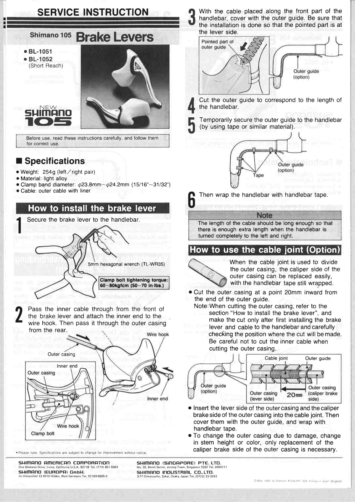 Shimano BL-1051, BL-1052 Service Instructions