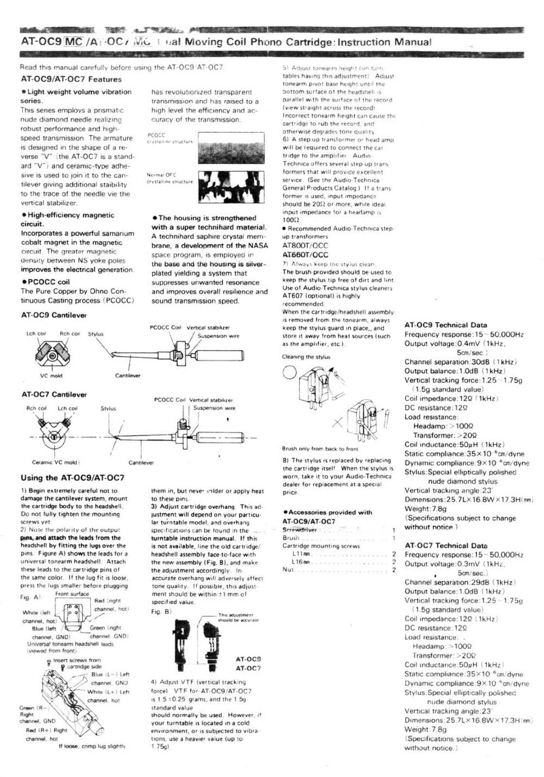 Audio Technica AT-OC-7 Owners manual