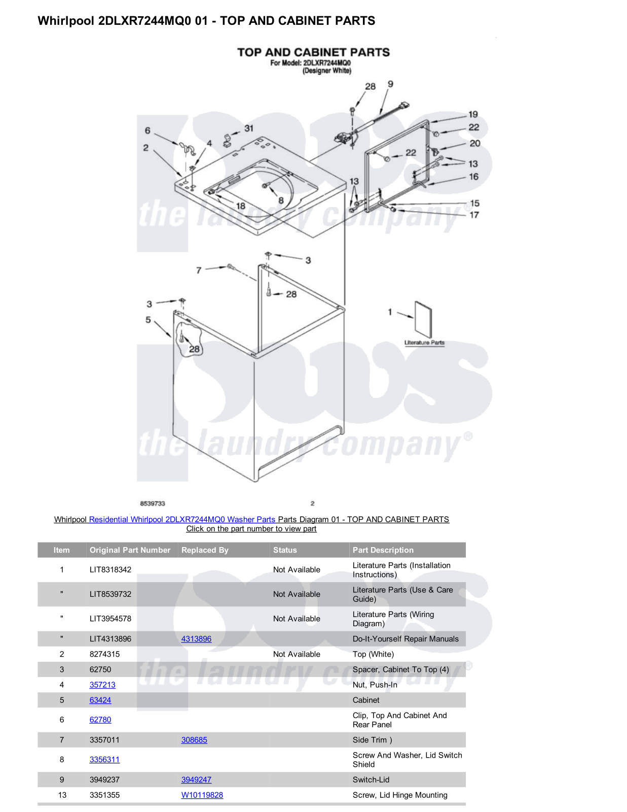 Whirlpool 2DLXR7244MQ0 Parts Diagram