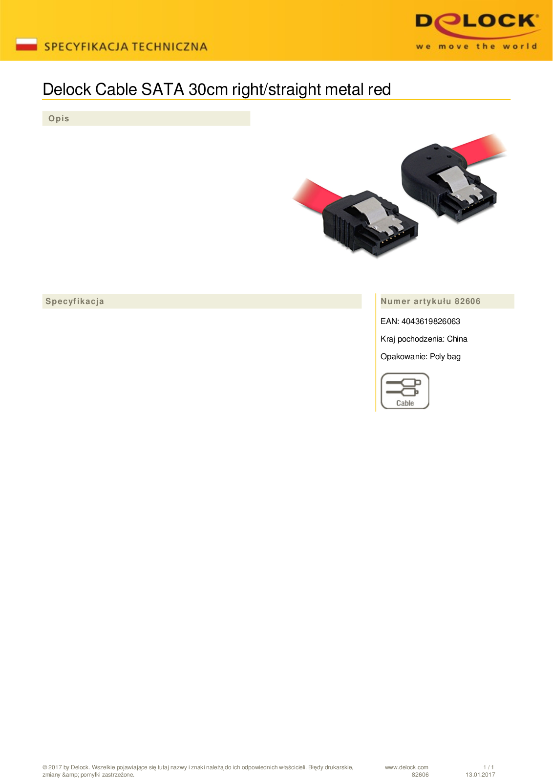 DeLOCK SATA cable red 0.3m with locking User Manual