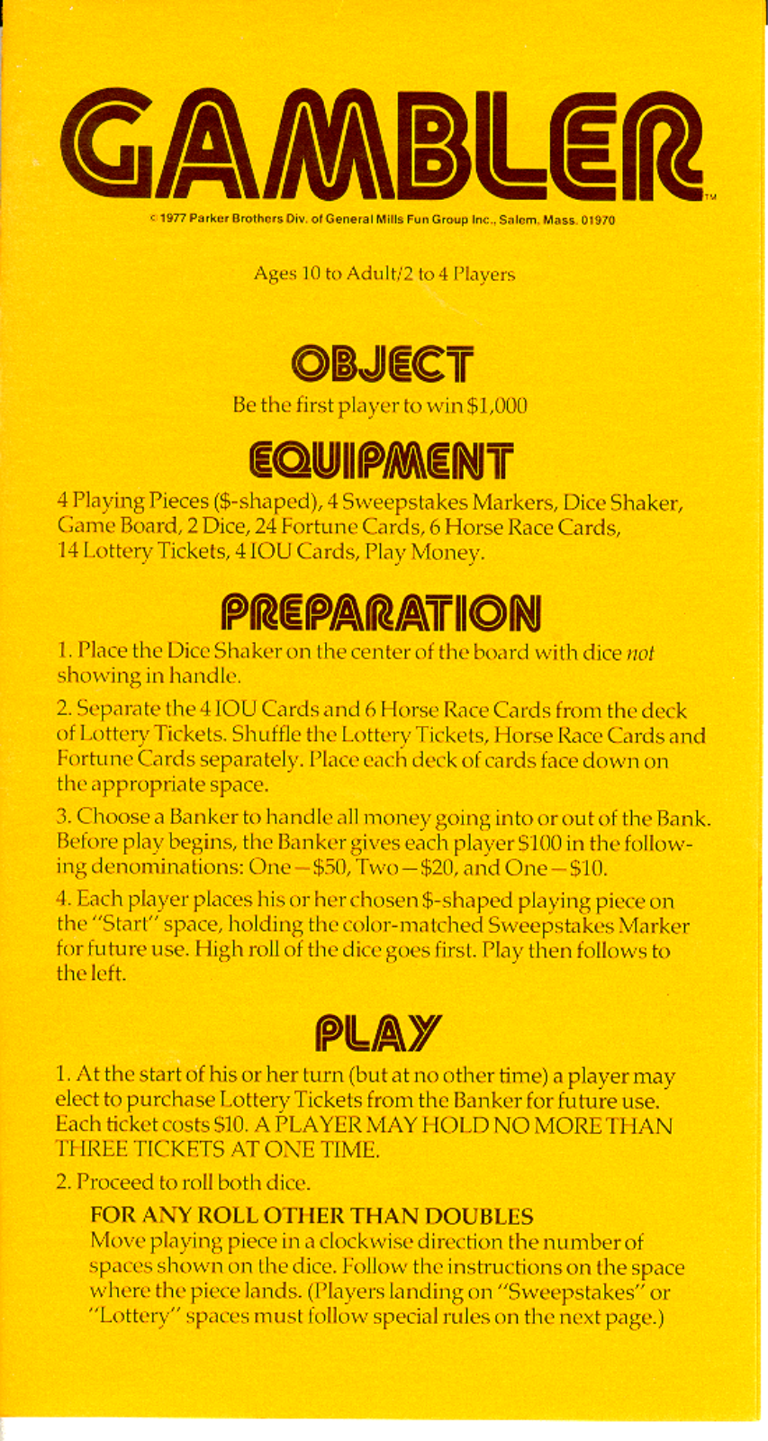 Hasbro GAMBLER User Manual