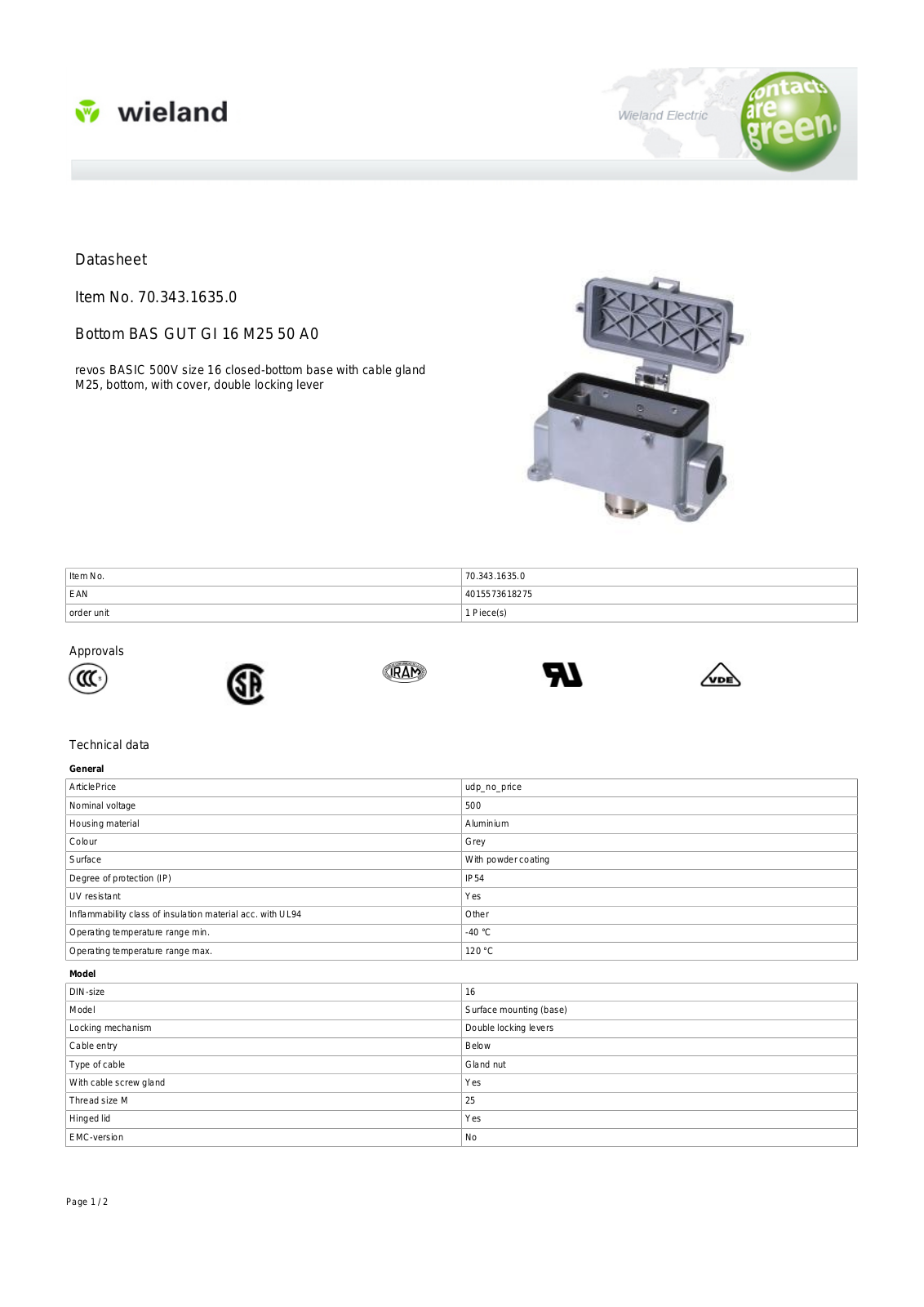 Wieland 70.343.1635.0 Data Sheet