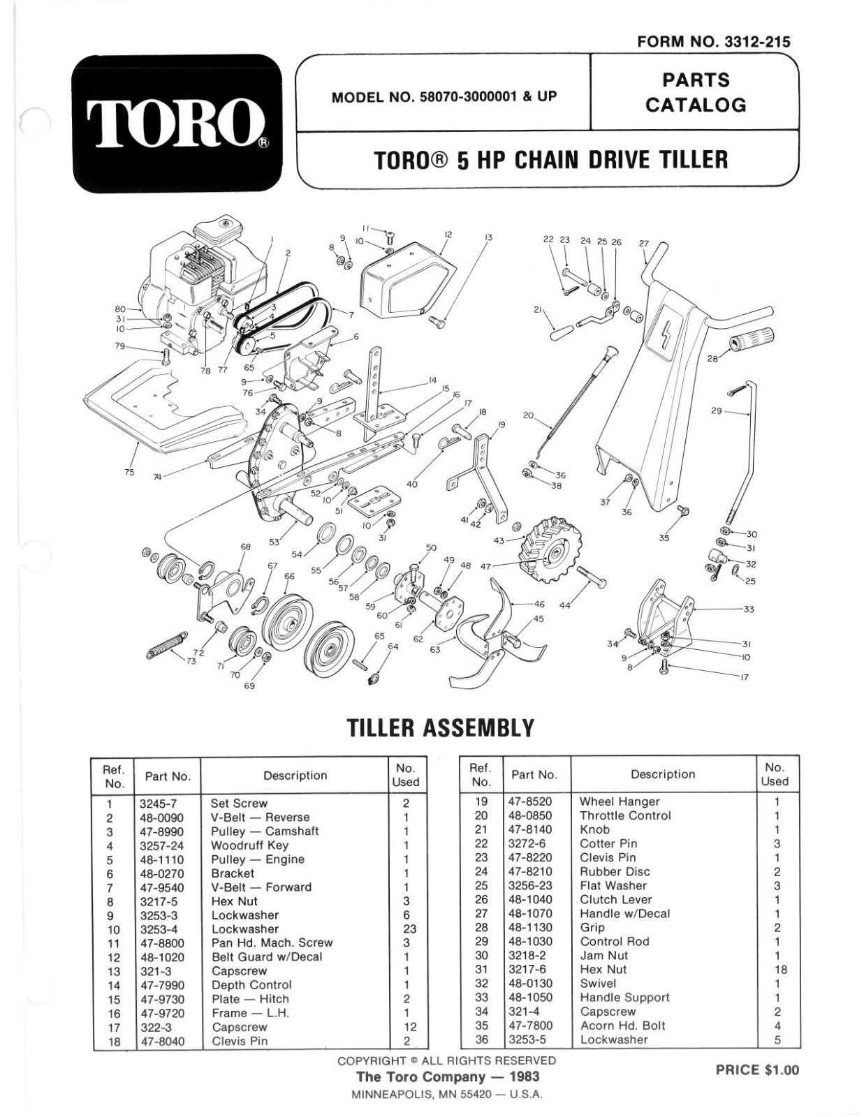 Toro 58070 Parts Catalogue