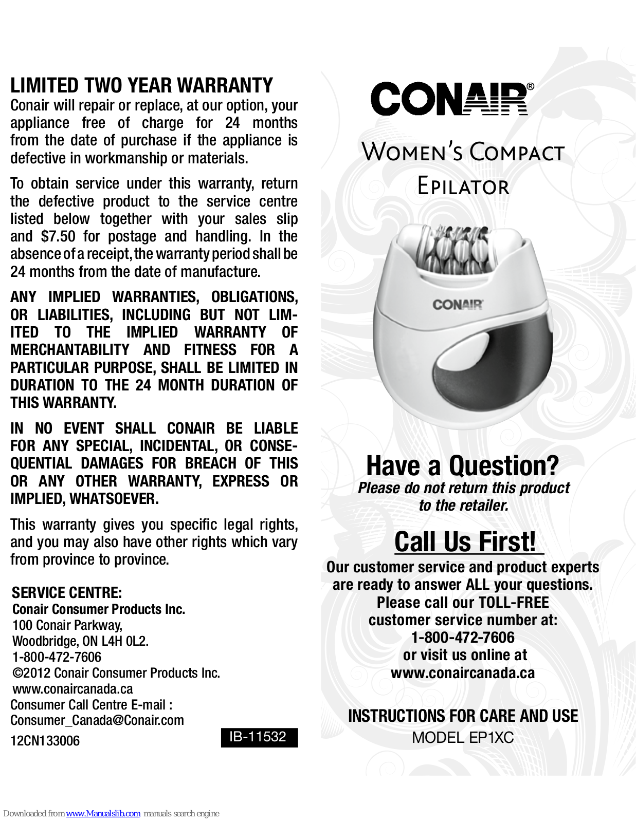 Conair EP1XC Instructions For Care And Use