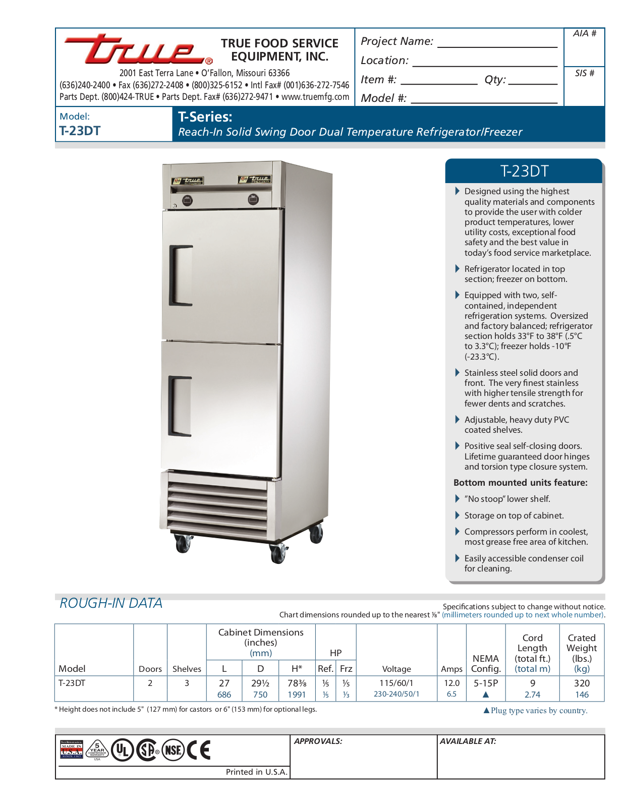 True T-23DT Specifications