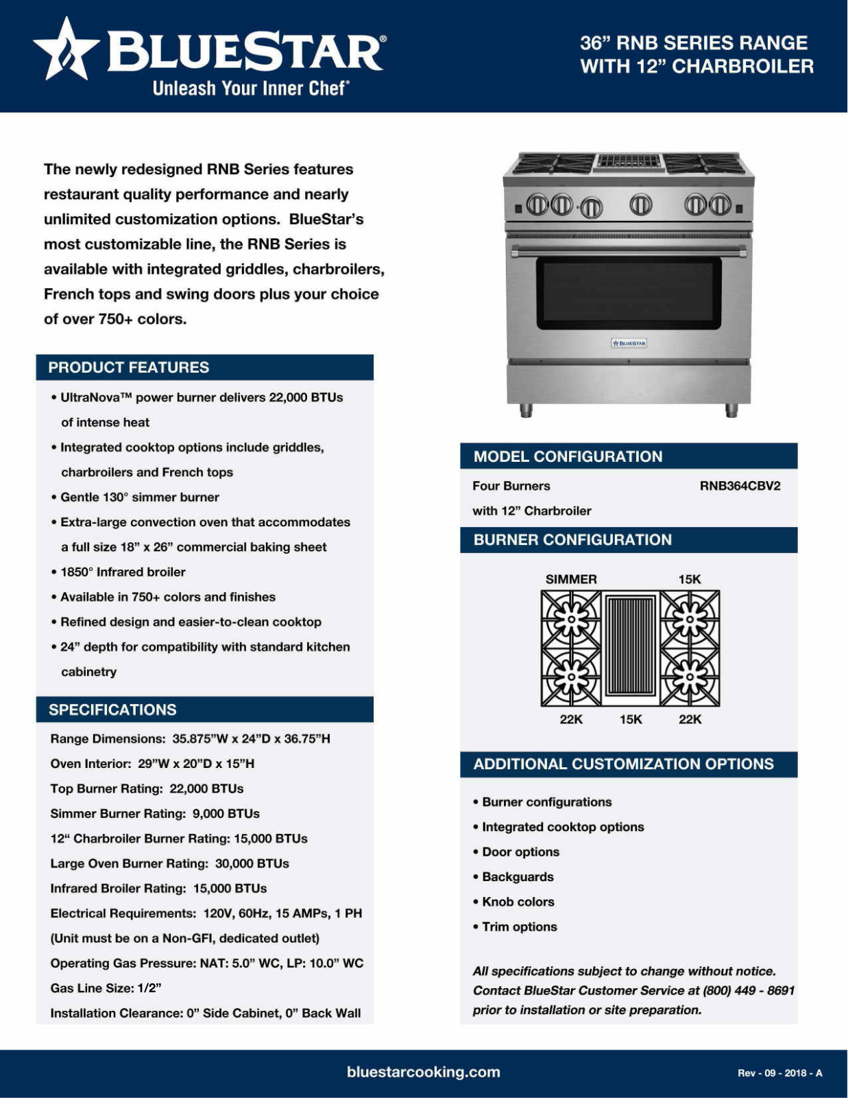 BlueStar RNB364CBV2 Specification Sheet