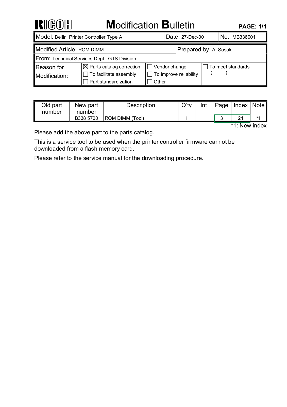 Ricoh prt850 Modification Bulletin