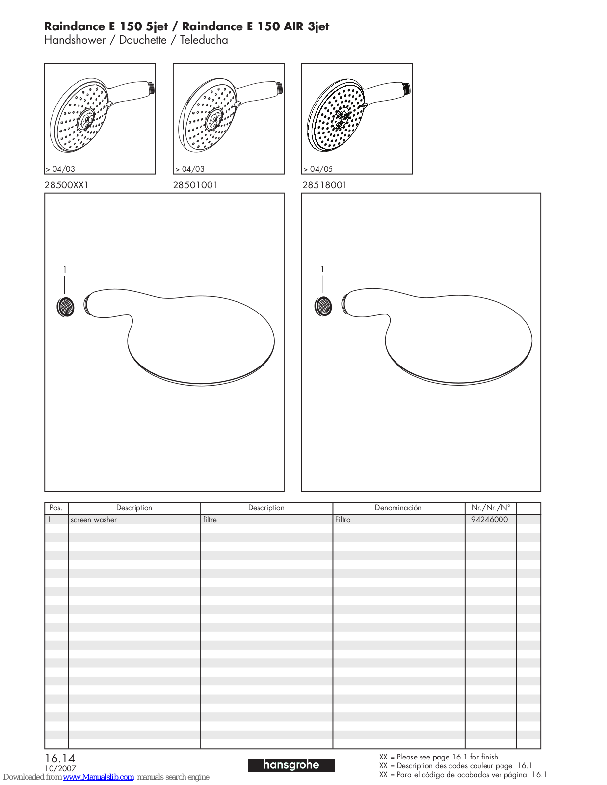 Axor 28501001, 28518001 Parts List