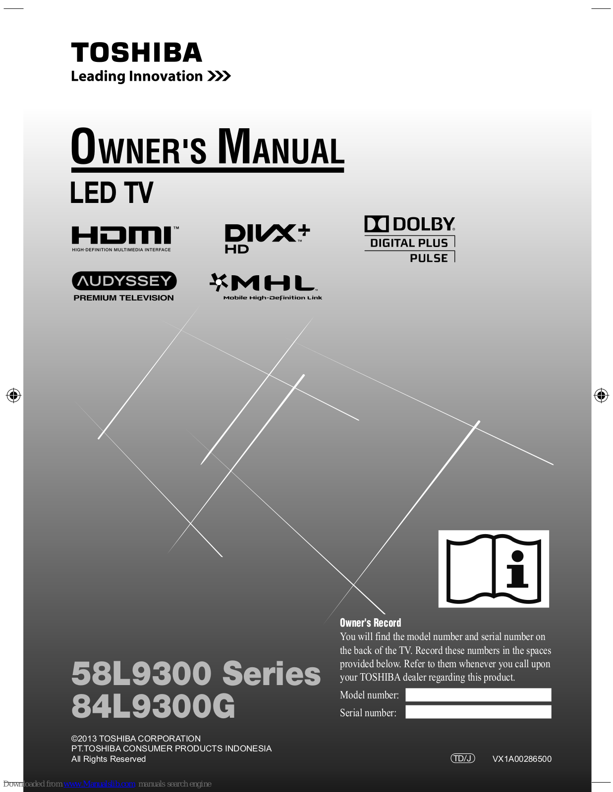 Toshiba 58L9300 Series, 84L9300G Owner's Manual