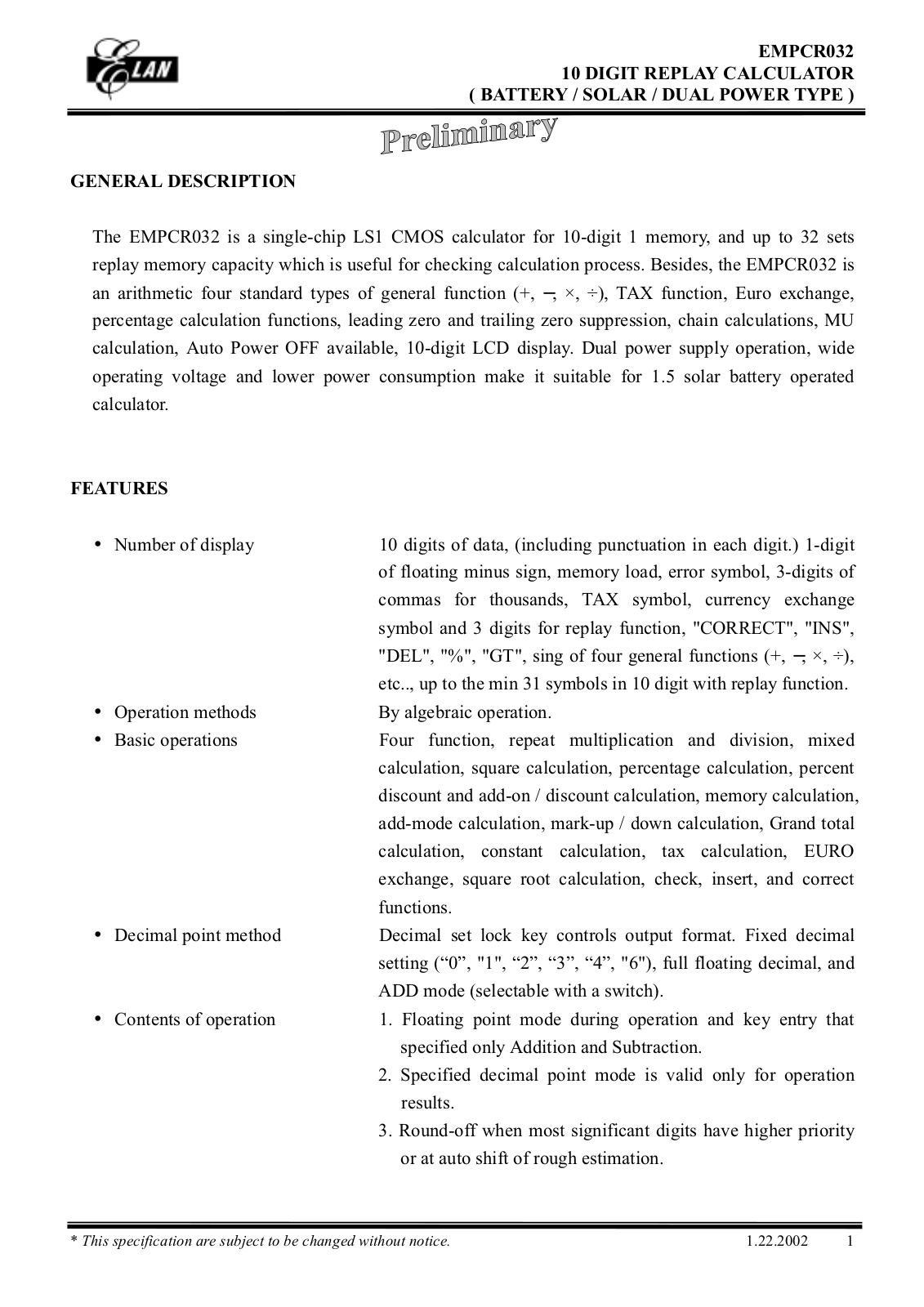 ELAN EMPCR032 Datasheet