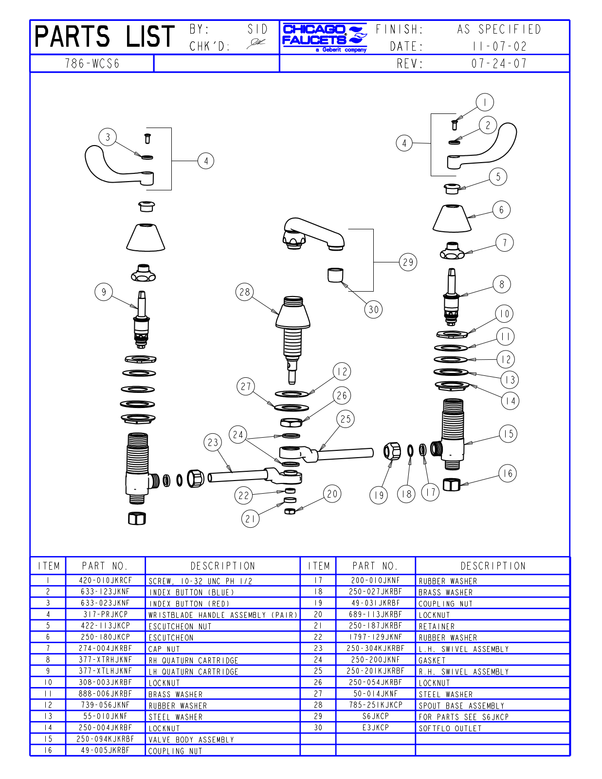 Chicago Faucet 786-WCS6 Parts List