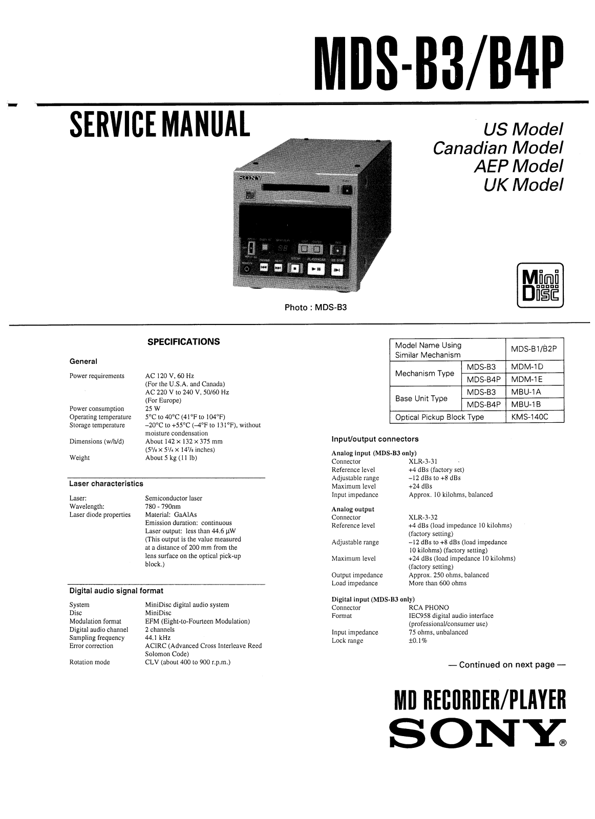 SONY MDS-B3, MDS-B4P Service Manual