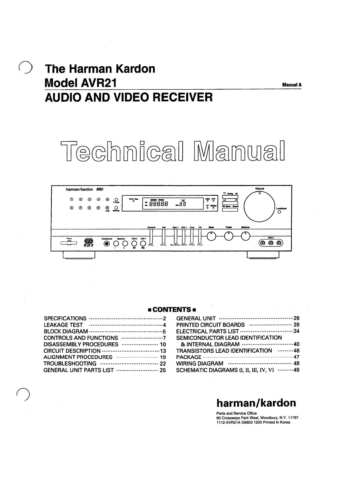 Harman Kardon AVR21 Technical Manual