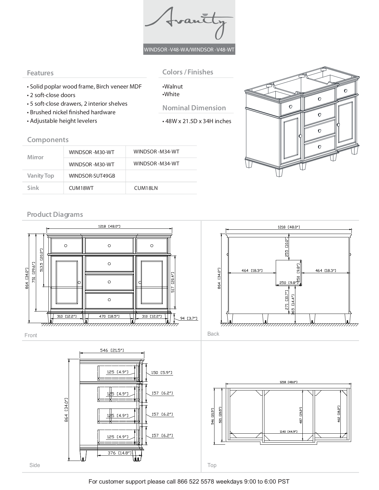 Avanity WINDSORVS48WTB Specifications