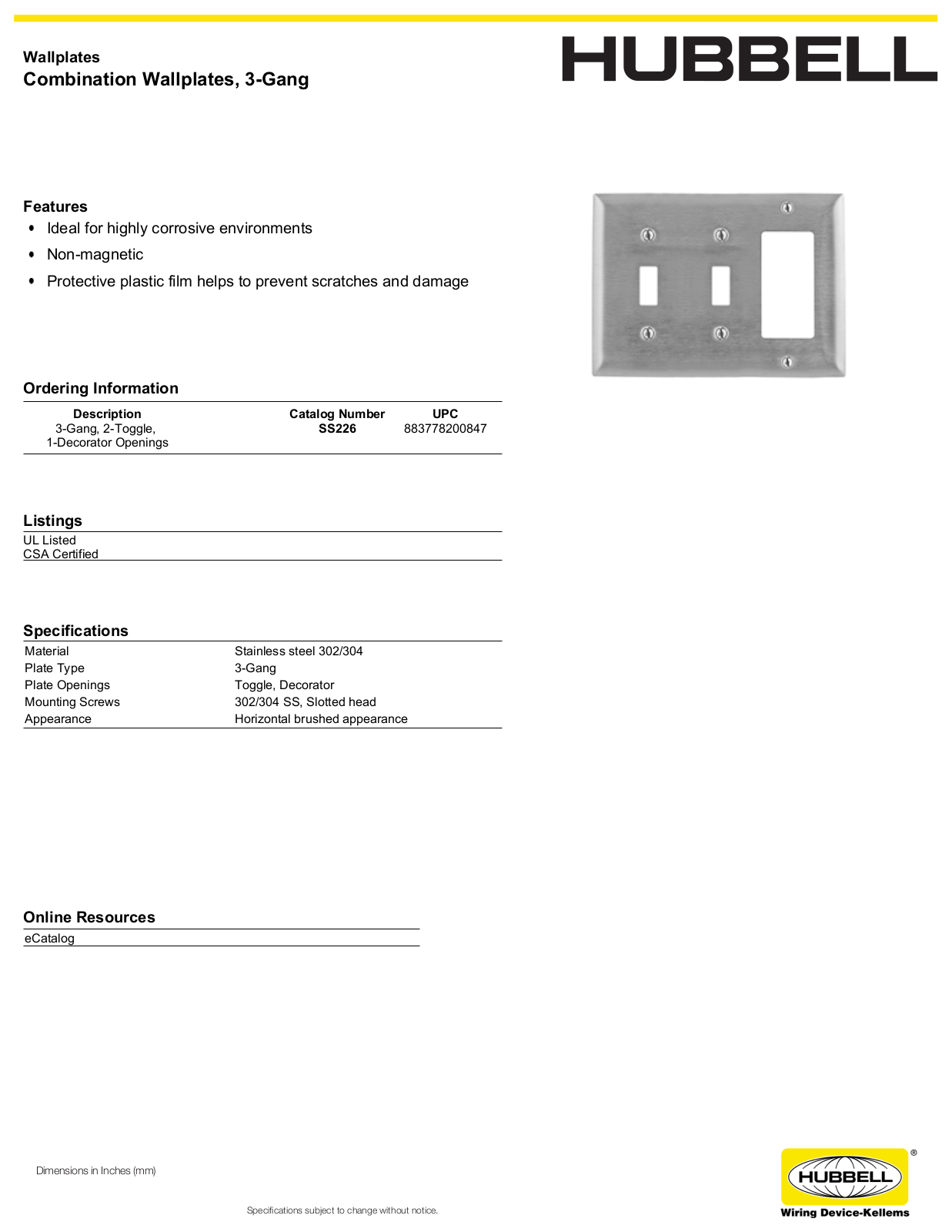 Hubbell SS226 Specifications