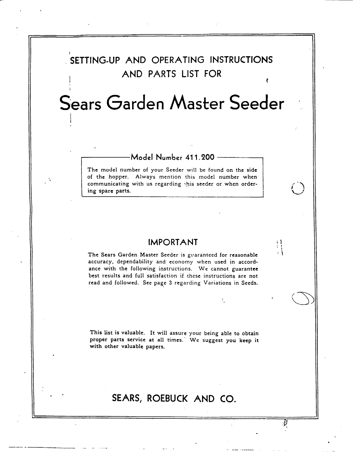 David Bradley 411.200 Operating Instruction