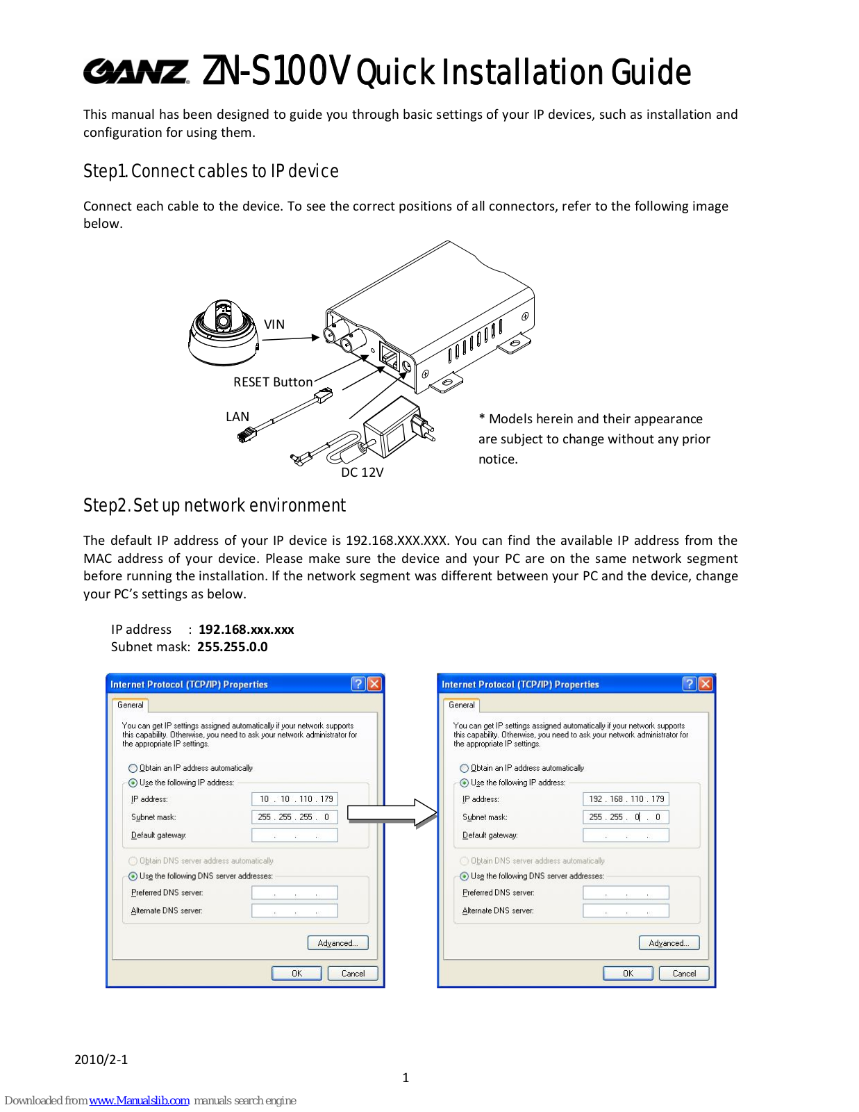 Ganz ZN-S100V, ZN-S1000VE Quick Installation Manual