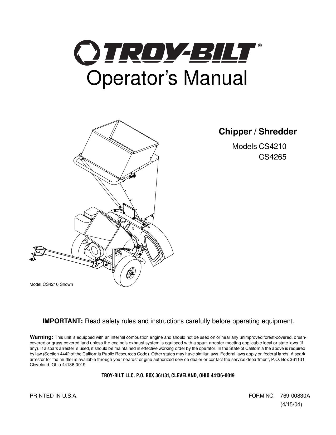 Troy-Bilt CS4265 User Manual