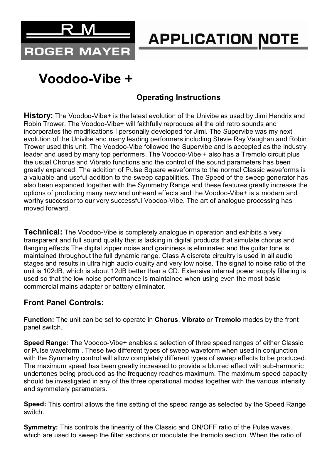 Roger Mayer Voodoo-Vibe + Application Note