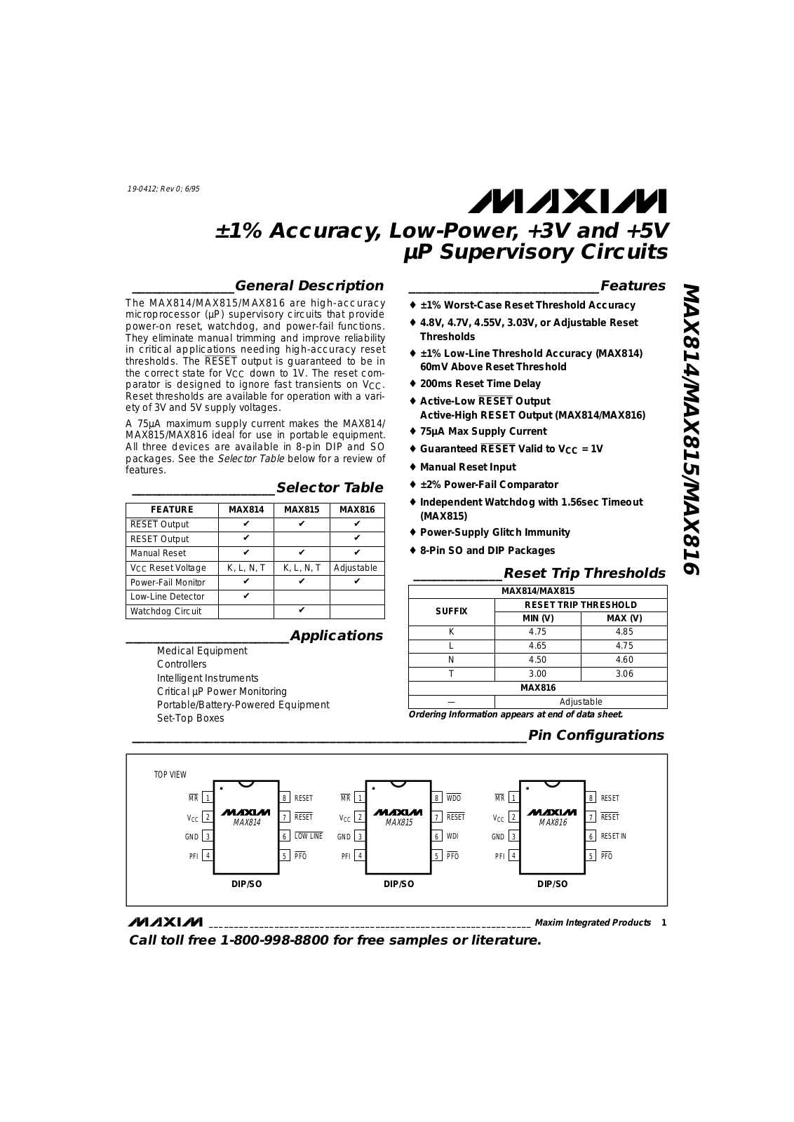 Maxim MAX815TEPA, MAX815TESA, MAX816CSA, MAX816EPA, MAX815TCPA Datasheet