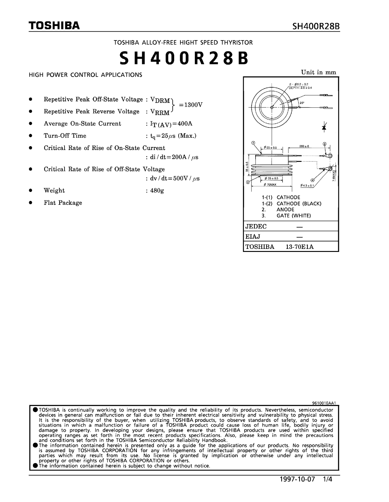 TOSHIBA SH400R28B Technical data