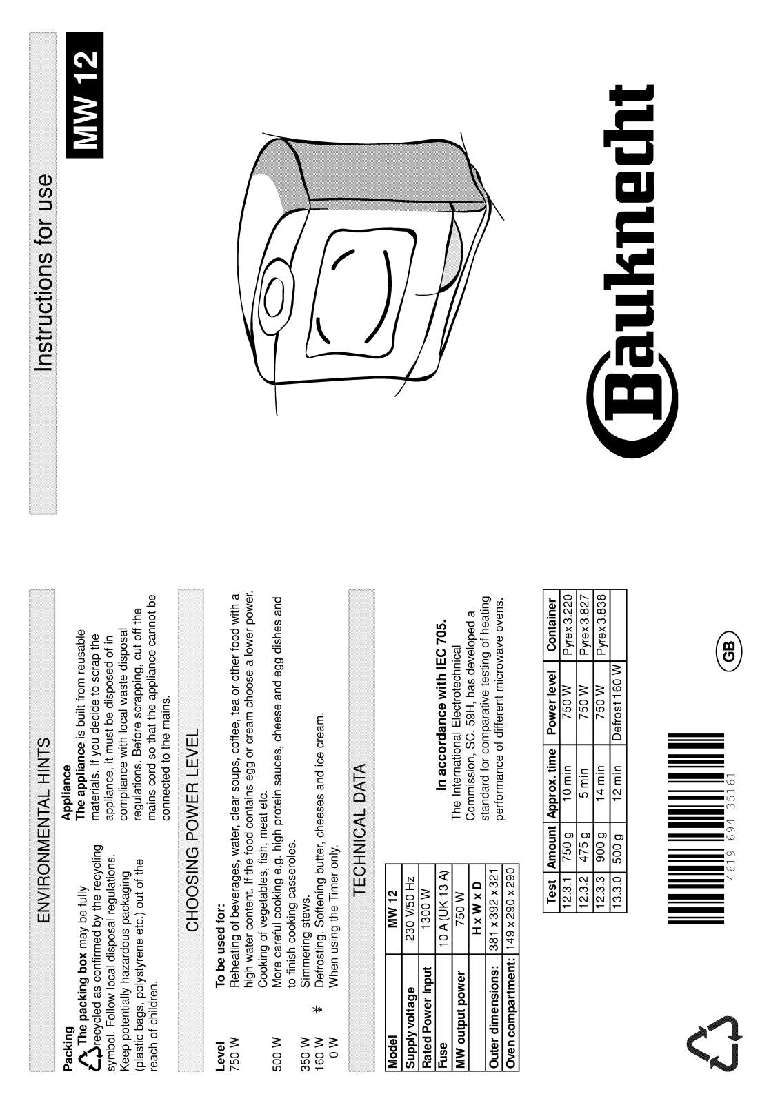 Whirlpool MW 12 User Manual