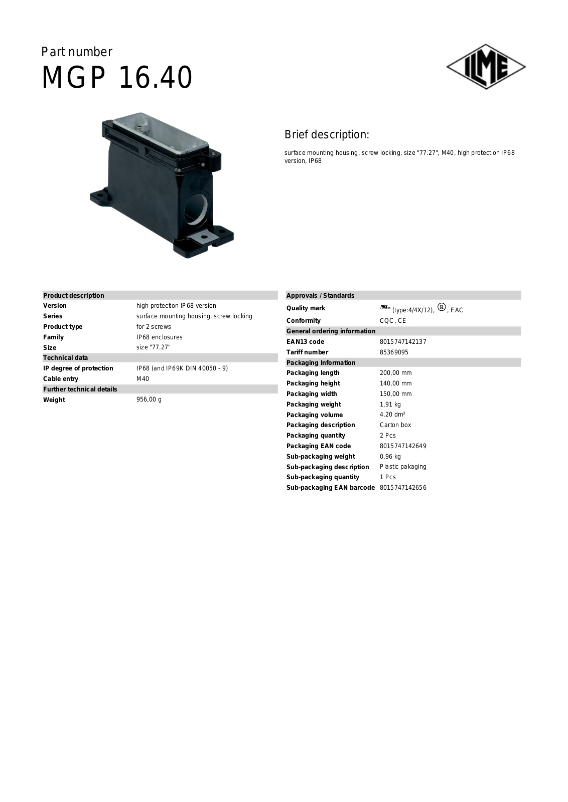 Datasheet MGP-16.40 Datasheet (ILME) - ManualMachine.com