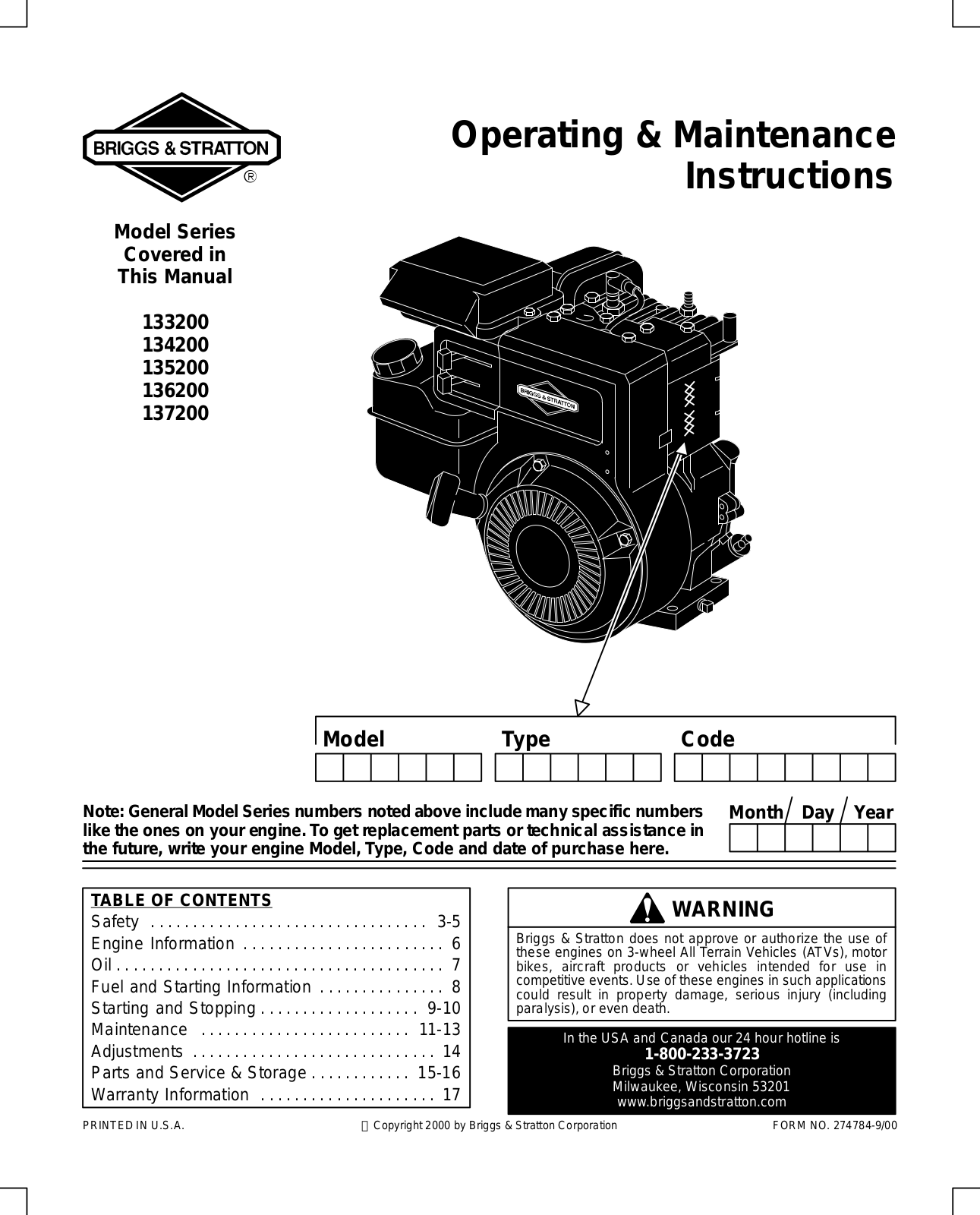 Briggs & Stratton 137200, 134200, 136200, 135200, 133200 User Manual