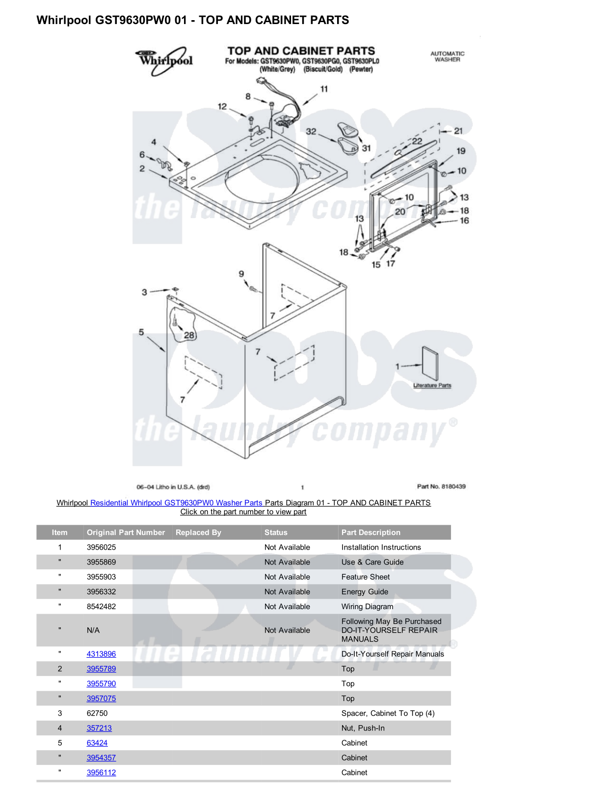 Whirlpool GST9630PW0 Parts Diagram